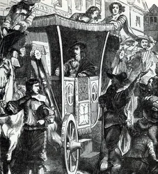 O Rei Carlos I, saudado pela multidão após a tentativa falhada de prender os cinco membros do Parlamento John Pym, John Hampden, Denzil Holles, William Strode e Arthur Haselrig, em 4 de janeiro de 1642. Século XIX (gravura de "History of the world")