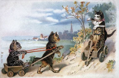 Gatinhos em trenós, início do século XX (cartão postal)