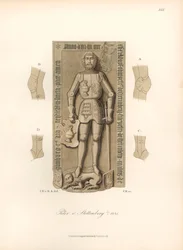 Cavaleiro com armadura do século XV, com pormenores das ligaduras nos joelhos e nos cotovelos - Lápide de Peter von Stettenberg, falecido em 1441 - Cromolitografia, desenho de Jakob Heinrich von Hefner-Alteneck (1811-1903), para o seu livro "Trajes, ofício