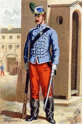 L: Hussard. Gravura em "Alfabeto Militar" . Iniciais do Ilustrador: A. D. Editora desconhecida. Cromolitógrafos do final do século XIX. Dim: 10,5x7cm .