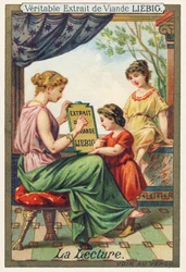 A leitura. Uma jovem sentada mostra um cartaz publicitário Liebig a duas meninas de pé diante dela. Cromolitografia publicitária, Liebig