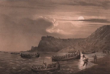 Aterragem da primeira frota de homens de Garibaldi no Forte Scilla, na Calábria.