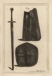 Peitoral grande ou cuirass 1, escudo perfurado no centro 2 e espada de duas mãos que pertenciam todos a Guy, Conde de Warwick 3, gravação em placa de cobre por J