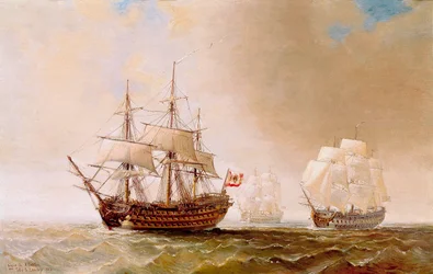 O navio espanhol San Hermenegildo na Batalha de Trafalgar, em 21/10/1805: a frota franco-espanhola, sob o comando do almirante Villeneuve, enfrentou a frota britânica comandada pelo vice-almirante Nelson. Pintura anónima do século XIX