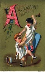 Letra A: Ascensão difícil. Gravura no "Alfabeto dos grotescos". Série de 25 cromolitógrafos publicitários sobre um fundo doloroso, finais do século XIX. Dim: 11x 7 cm