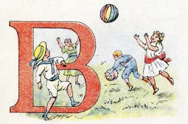 Carta B Balão. Alfabeto de Fosfatino Falieres . Gravura. Alfabeto Brevete S.G.D.G. do farmacêutico Pierre Emile Falieres . Ilustrações em cromolitografia, final do século XIX. 16 páginas. Dim: 103x154mm