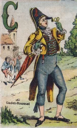 Carta C: Cadet Roussel . Álbum de Drolatic . Série número 4 em Álbuns - cromo sobre tela . Cromolitógrafos em tecido . Imaging Marcel Vagne, Jarville-Nancy, início do século XX. Dim: 25x17,5cm
