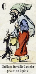 Letra C "Rags, sucata para venda... peles de coelho". Alfabeto "Diversão infantil". Imaging of Epinal, cerca de 1890. Série popular. Pequeno livreto de 8 páginas . Gravuras em madeira estampada sobre o tema dos pequenos metiers de rua e os gritos de Paris.