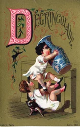 Carta D: Degringolade. Gravura no "Alfabeto dos grotescos". Série de 25 cromolitógrafos publicitários sobre um fundo de dorso, finais do século XIX. Dim: 11x 7 cm