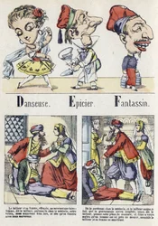 Letras D, E e F: dançarino, merceeiro e infantaria. Alfabeto do Conto do Leste. Imaging of Epinal, cerca de 1890. Série popular. Pequeno livreto de 8 páginas. Dim: 205x150mm. Gravuras em madeira estampada sobre o tema dos métiers.