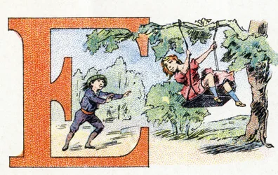 Carta E: Scarpolette. Alfabeto de Fosfatina Falieres . Gravura. Alfabeto de Brevete S.G.D.G. do farmacêutico Pierre Emile Falieres . Ilustrações em cromolitografia, final do século XIX. 16 páginas. Dim: 103x154mm