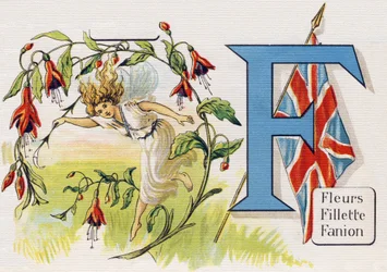 Carta F: Flores, Menina, Pennant. Gravura em "ABC L