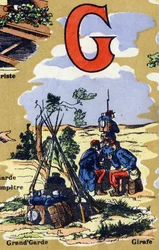 Carta G como a grande guarda do exército. O alfabeto ilustra. Imagens reunidas em Jarville-Nancy, início do século XX. Dim: 40 x 29 cm. Litografia sobre um fundo de bistre