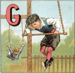 Carta G para ginástica. Gravura no "Alfabeto dos petits ecoliers". Imaging of Epinal, cerca de 1885. Coleção Privee
