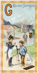 Letra G: geleira, gendarme, gazômetro, garoto, estação, guerreiro, palheta, violão. Gravura do Alfabeto editada por Chocolat Suchard, início do século XX. 24 cromolitógrafos representando lugares, personagens e objetos a serem descobertos na imagem