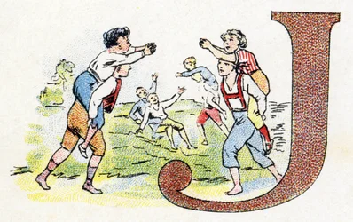 Letra J: Jogo. Alfabeto de Fosfatino Falieres . Gravura. Alfabeto Brevete S.G.D.G. do farmacêutico Pierre Emile Falieres . Ilustrações em cromolitografia, final do século XIX. 16 páginas. Dim: 103x154mm