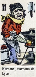 Carta M: "Brown, Brown de Lyon". Alfabeto "Diversão infantil". Imaging of Epinal, cerca de 1890. Série popular. Pequeno livreto de 8 páginas . Gravuras em madeira estampada sobre o tema dos pequenos metiers de rua e os gritos de Paris.