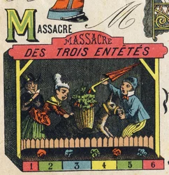 Carta M . Gravação em "Brinquedos ABC". Imagem epinal em cromolitografia, cerca de 1890. Pequeno livreto de 8 páginas. Dim: 195x135mm, destinado a receber um anúncio na 4ª capa. Utilizado em casa, oferece um abecedário ilustre e um pequeno método de leitur