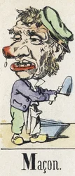 Letra M: Pedreiro. Alfabeto do conto oriental. Imagem de Épinal, cerca de 1890. Série popular. Pequeno livreto de 8 páginas. Dimensões: 205 x 150 mm. Xilogravuras coloridas com estêncil sobre o tema dos ofícios