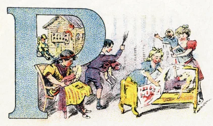 Carta P: Doll Polichinelle. Alfabeto de Fosfatina Falieres . Gravura. Alfabeto Brevete S.G.D.G. do farmacêutico Pierre Emile Falieres . Ilustrações em cromolitografia, final do século XIX. 16 páginas. Dim: 103x154mm