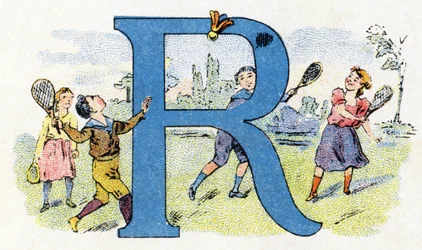 Carta R: Flying Racket. Alfabeto de Fosfatino Falieres . Gravura. Alfabeto Brevete S.G.D.G. do farmacêutico Pierre Emile Falieres . Ilustrações em cromolitografia, final do século XIX. 16 páginas. Dim: 103x154mm