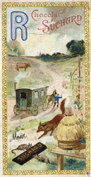 Carta R: raios, ruminantes, reboque, colmeia, raposa, ratos, rosa. Gravura do Alfabeto editada por Chocolat Suchard, início do século XX. 24 cromolitógrafos representando lugares, personagens e objetos a serem descobertos na imagem. Dim: 105x55mm