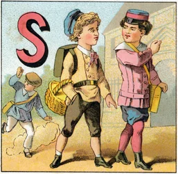 Carta S como saída da escola. Gravura no "Alfabeto dos petits ecoliers". Imaging of Epinal, cerca de 1885. Coleção Privee