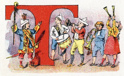 Carta T: Trompete Tambor. Alfabeto de Fosfatino Falieres . Gravura. Alfabeto Brevete S.G.D.G. do farmacêutico Pierre Emile Falieres . Ilustrações em cromolitografia, final do século XIX. 16 páginas. Dim: 103x154mm