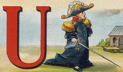 Carta U: uniforme. Gravura em "Alfabeto de ma petite fille". Bernardin-Bechet e Fils, livreiro-editores, Paris, por volta de 1895. Álbum inquebrável em lona. Bibliotheque des Bebes. 12 páginas. Álbum contendo um método de leitura e um abeced ilustrativo.