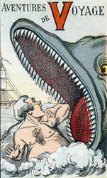 Carta V: Aventuras de Viagem. Gravação em "ABC Les Images en Alphabet". Epinal imaging. Pellerin e Cie, impressora-editora, Epinal, final do século XIX, cerca de 1890. 10 páginas. Dimensões: 19,5 x 13,5 cm.