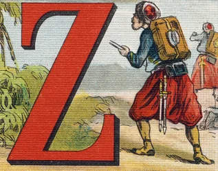 Carta Z: Zouave. Gravura em "Alfabeto de ma petite fille". Bernardin-Bechet e Fils, livreiro-editores, Paris, por volta de 1895. Álbum inquebrável em lona. Bibliotheque des Bebes. 12 páginas. Álbum contendo um método de leitura e um abeceda ilustrativo.