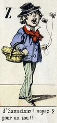 Carta Z: "por Zannetons! Veja 2 por um centavo!! "Alfabeto "Diversão infantil". Imagem de Epinal, por volta de 1890. Série popular. Pequeno livreto de 8 páginas . Gravuras em madeira estampada sobre o tema dos pequenos metiers de rua e os gritos de Paris.