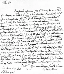 Carta escrita por David Hume a Richard Davenport referindo-se às grandes dificuldades da sua relação com Jean-Jacques Rousseau, à recusa de Rousseau em aceitar uma pensão e às suas desavenças com Hume, 8 de Julho