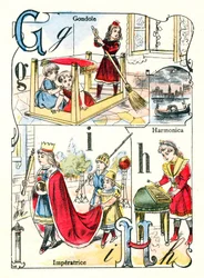 Cartas G, I e H. Crianças a tocar gôndola, imperatriz e harmónica. Gravura em "Alfabeto da Diversão". Imagem de Pont-a-Mousson . Impressão e publicação de Louis Vagne, final do século XIX.