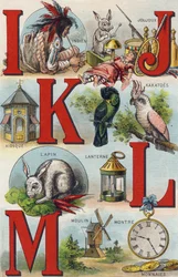 Cartas I J K L; Indiano; Joujoux; Kakatoes; Kiosk; Lanterna; Coelho; Moedas de relógio; Moinho. Gravura em "Alfabeto de ma petite fille". Bernardin-Bechet e Fils, livreiro-editores, Paris, por volta de 1895. Álbum inquebrável em lona. Bibliotheque des Bebe