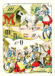 Letras M N e O como Medor, Niche e Orquestra Suíça. Gravura em "Alfabeto da Diversão". Imagem de Pont-a-Mousson . Impressão e publicação de Louis Vagne, final do século XIX.