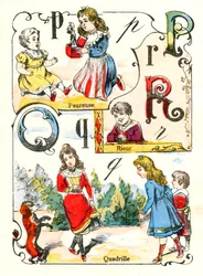 Cartas P Q e R como medo, riso e quadrilha. Gravura em "Alfabeto da Diversão". Imagem de Pont-a-Mousson . Impressão e publicação de Louis Vagne, final do século XIX.