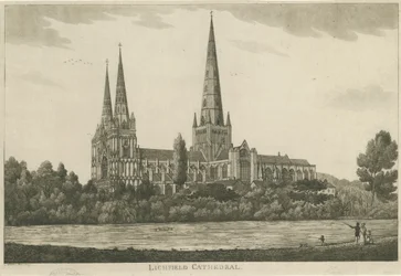 Catedral de Lichfield - Vista sul: gravura em aquatint, nd [c 1820-1830]