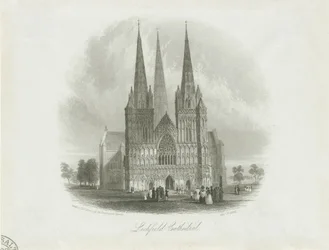 Catedral de Lichfield - Frente Oeste: gravura em aço, nd [c 1842]