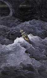 Literatura: Barco no meio do mar. Ilustração do romance de Samuel Taylor Coleridge (1772-1834) "Rime of the Ancient Mariner". Gravura a cores segundo uma ilustração de Gustave Dore.