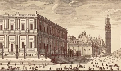 Lonja de Comercio ("Edifício do Comércio") e vista parcial da Catedral de Sevilha. Gravura. ESPANHA. MADRID (COMUNIDADE AUTÓNOMA). Madrid. Biblioteca Nacional
