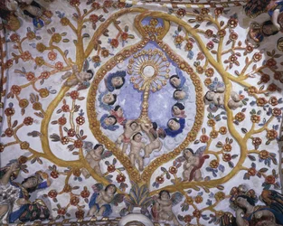 Vista de baixo ângulo de um mural na cúpula de uma igreja, Igreja de Santo Domingo, Oaxaca, Estado de Oaxaca, México