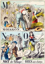 M N O : Moisson, Noce de village, Oies aux champs - "Alfabeto da fazenda" final do século XIX (gravura)