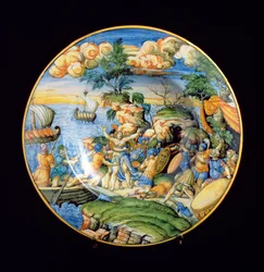 Prato de maiólica representando o rapto de Helena de Troia, italiano