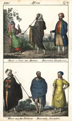 Homem e mulher de Marrocos, em cima um mercador mouro e um casal de marroquinos, um mercador mouro, e em baixo um homem berbere de casaco e um casal de nómadas mouros. Litografia para o livro «Galerie complète en tableaux fidèles des peuples d