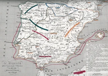 Mapa de Espanha na época da Hispânia germânica, 409-585 (Mapa de Espanha na época da Hispânia germânica) Gravura do "Atlas Universel" de Houze