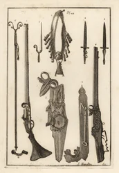 Mosquete Matchlock, cadeado e baioneta da Torre de Londres 1-3, baioneta 4, descanso de mosquete e baioneta 5, descanso de mosquete 6, bandiletes e frasco de pó 7, cadeado de roda 8,9 e chave de porcas 10