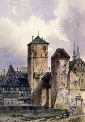 Cidade medieval no Reno, c.1850-1900 (aguarela)
