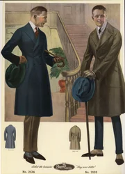 Moda masculina de 1920 - Homens com casacos de trespasse com bengalas e chapéus, usando polainas. Cromolitografia de um catálogo de moda masculina da Bruner Woolens