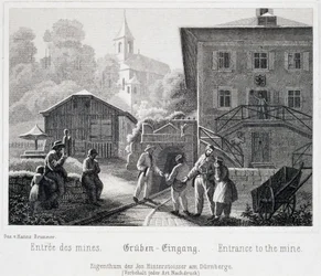 Mina de sal: a entrada da mina, Durrnberg, Áustria, por volta de 1850